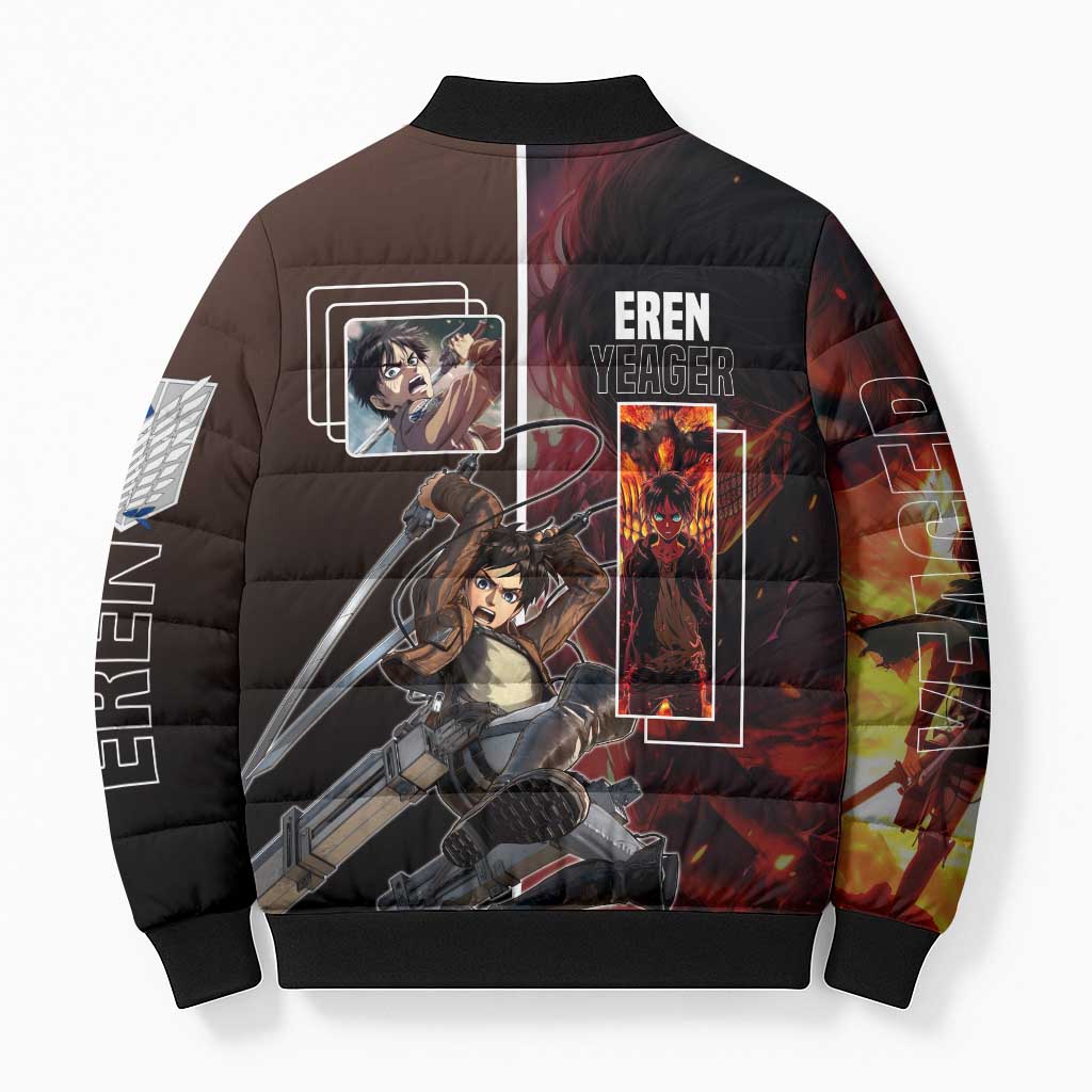 Eren Yeager from Attack on Titan Bomber Puffer Jacket with Action Poses and Fiery Background Design - The Mazicc