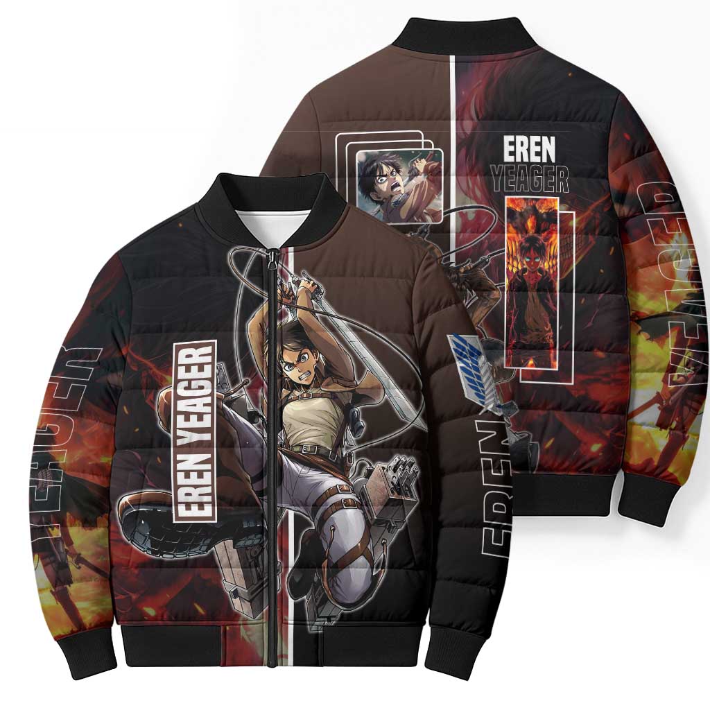 Eren Yeager from Attack on Titan Bomber Puffer Jacket with Action Poses and Fiery Background Design - The Mazicc