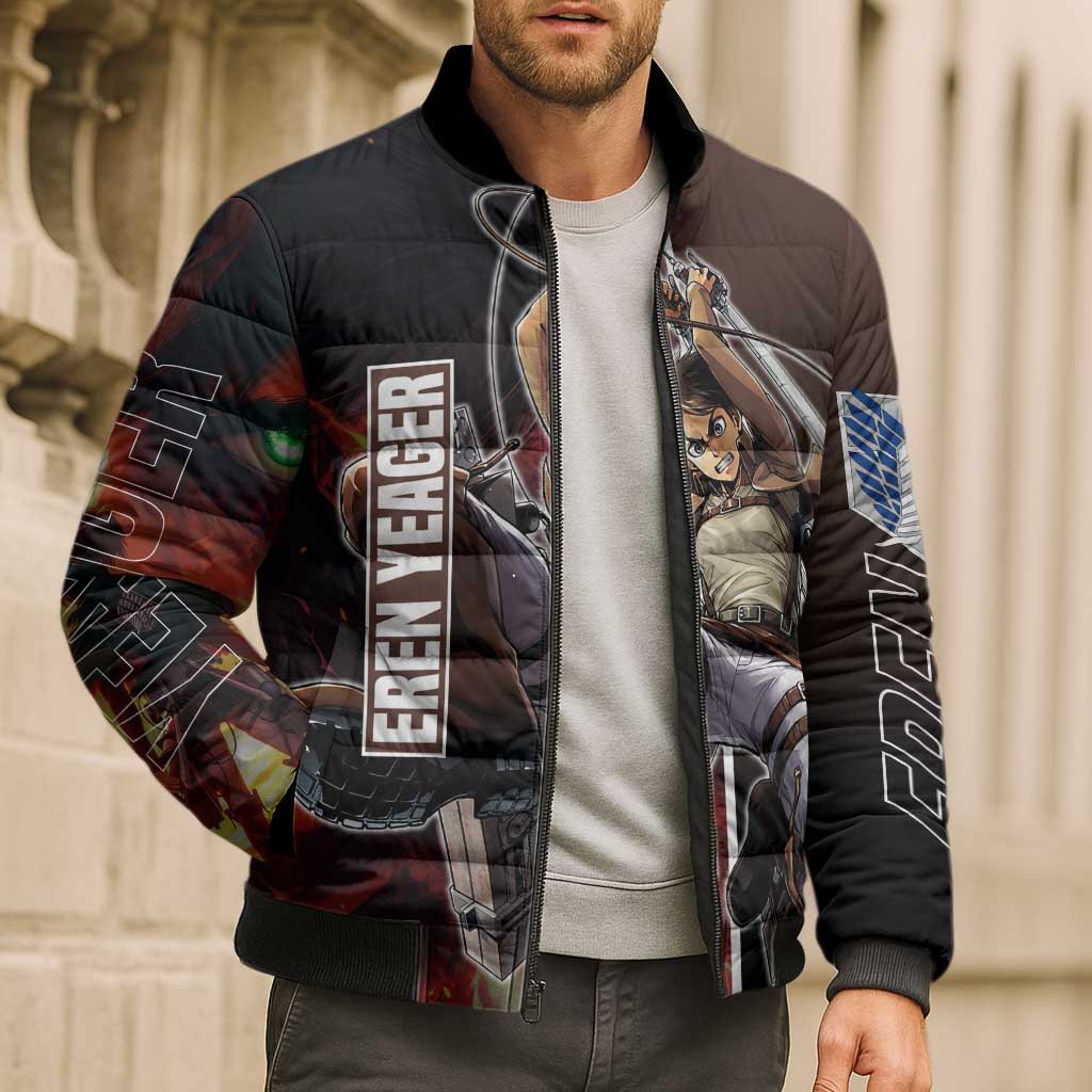 Eren Yeager from Attack on Titan Bomber Puffer Jacket with Action Poses and Fiery Background Design - The Mazicc