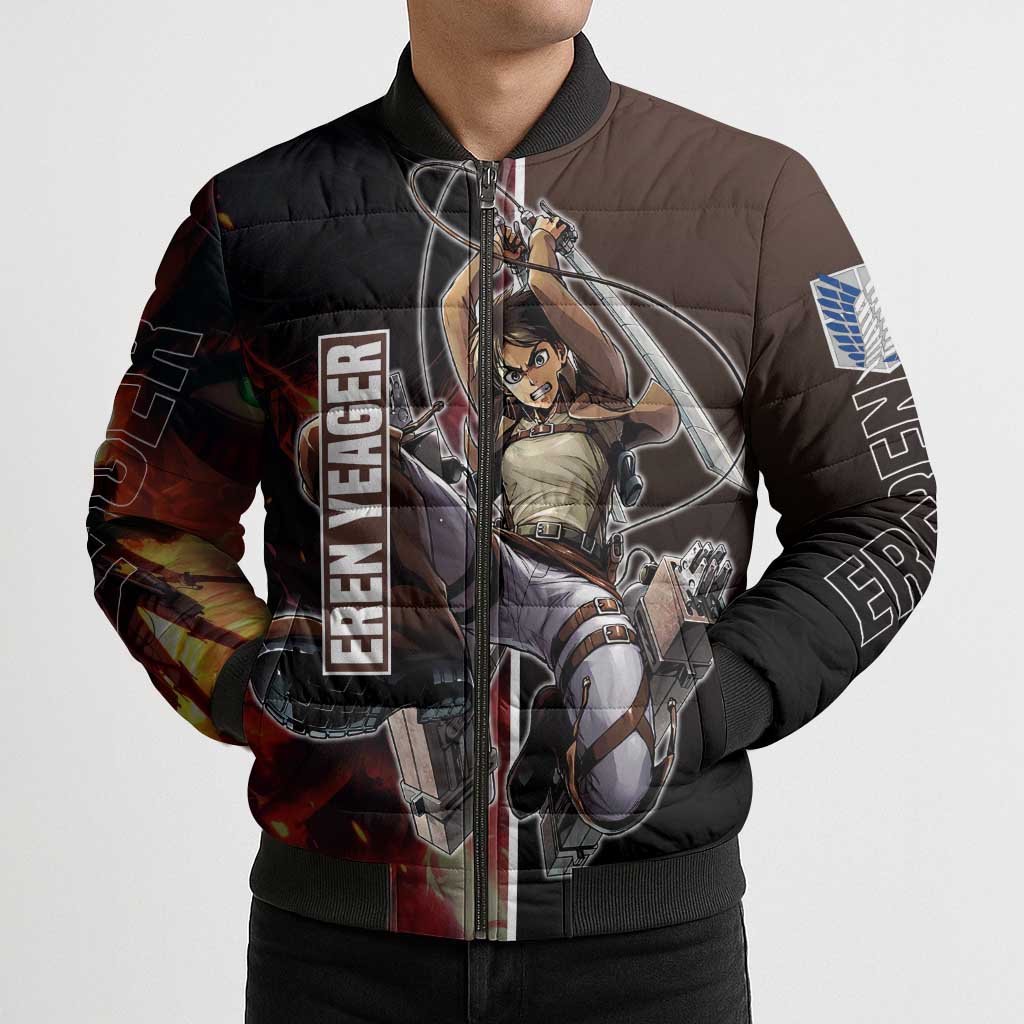 Eren Yeager from Attack on Titan Bomber Puffer Jacket with Action Poses and Fiery Background Design - The Mazicc