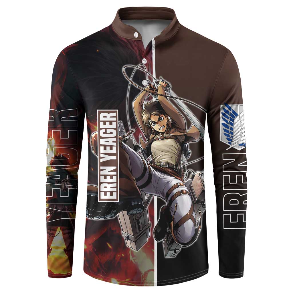 Eren Yeager from Attack on Titan Button Sweatshirt with Action Poses and Fiery Background Design - The Mazicc