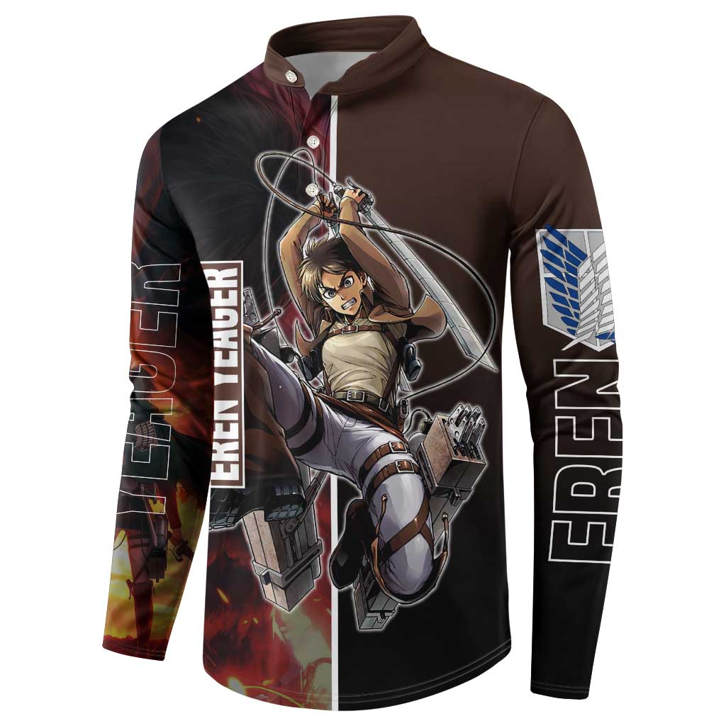 Eren Yeager from Attack on Titan Button Sweatshirt with Action Poses and Fiery Background Design - The Mazicc