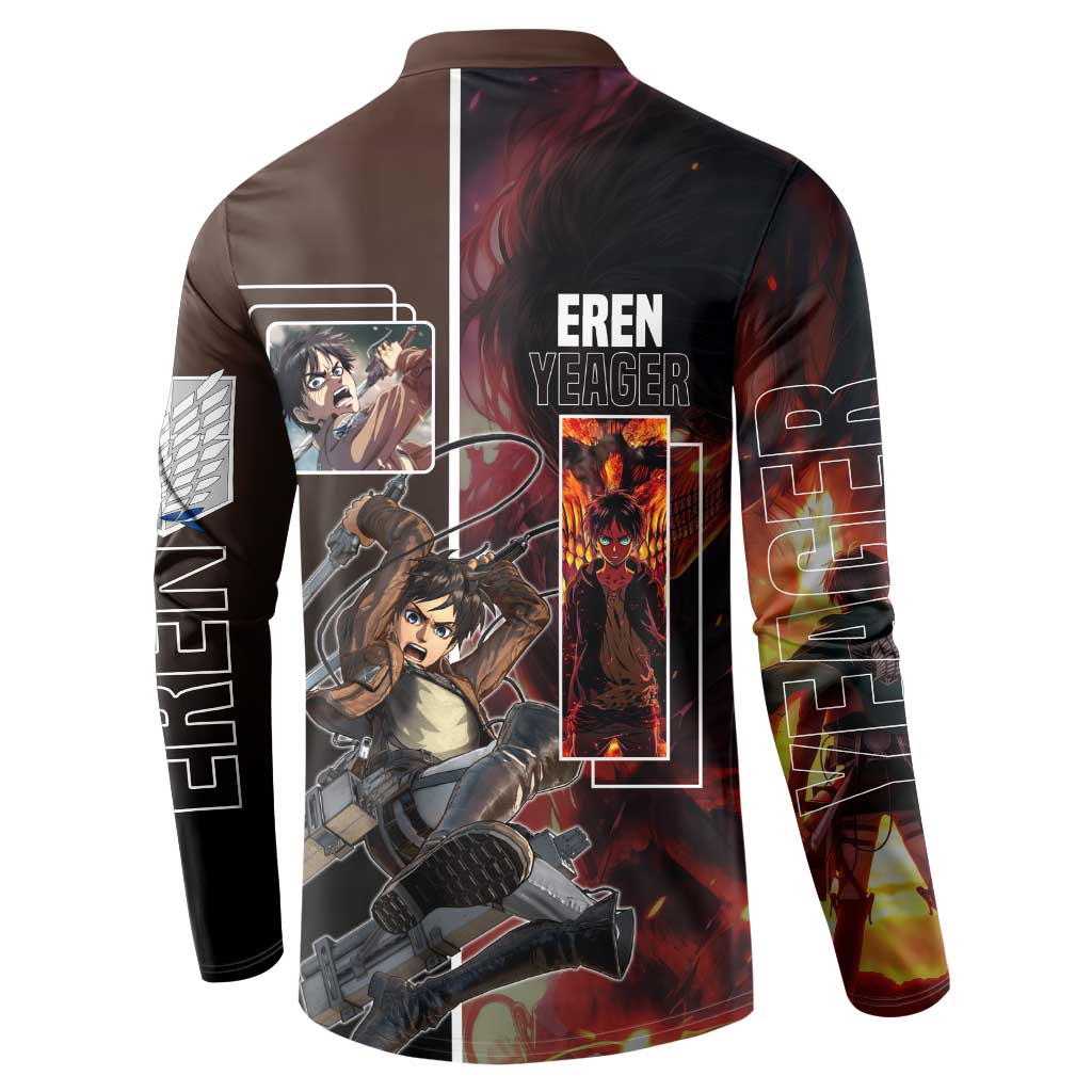 Eren Yeager from Attack on Titan Button Sweatshirt with Action Poses and Fiery Background Design - The Mazicc