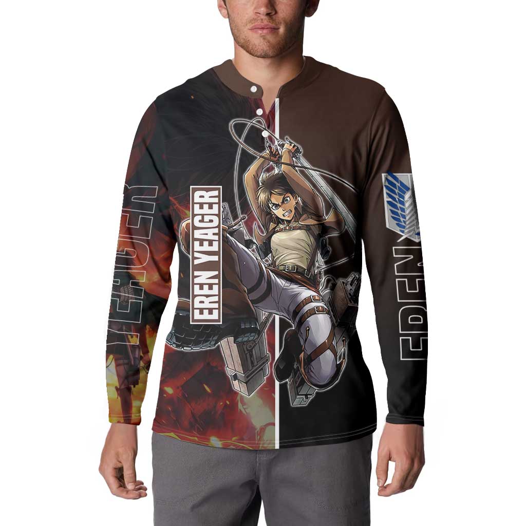 Eren Yeager from Attack on Titan Button Sweatshirt with Action Poses and Fiery Background Design - The Mazicc