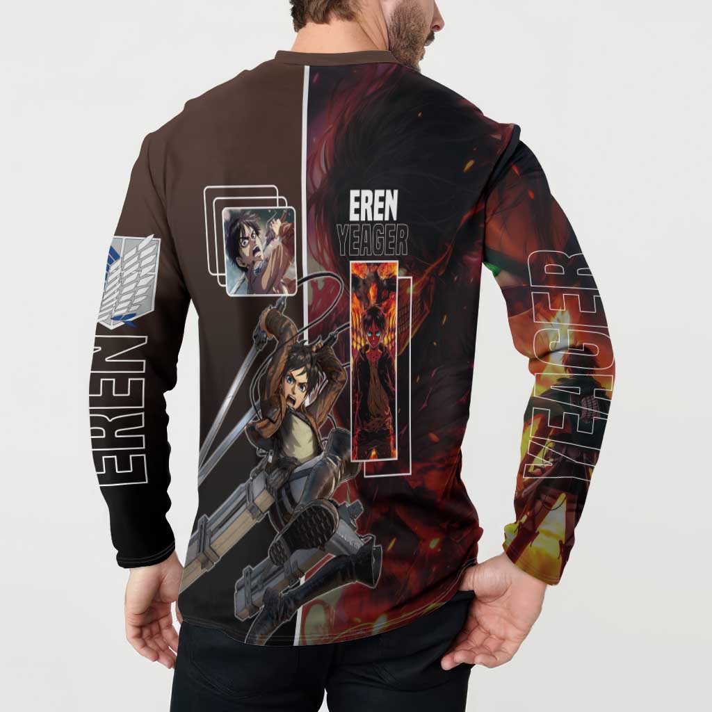 Eren Yeager from Attack on Titan Button Sweatshirt with Action Poses and Fiery Background Design - The Mazicc