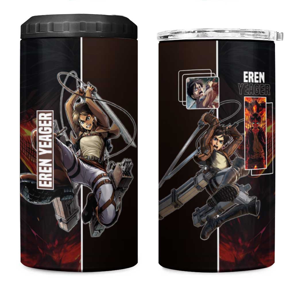 Eren Yeager from Attack on Titan 4 in 1 Can Cooler Tumbler with Action Poses and Fiery Background Design - The Mazicc