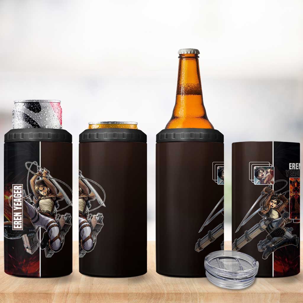 Eren Yeager from Attack on Titan 4 in 1 Can Cooler Tumbler with Action Poses and Fiery Background Design - The Mazicc