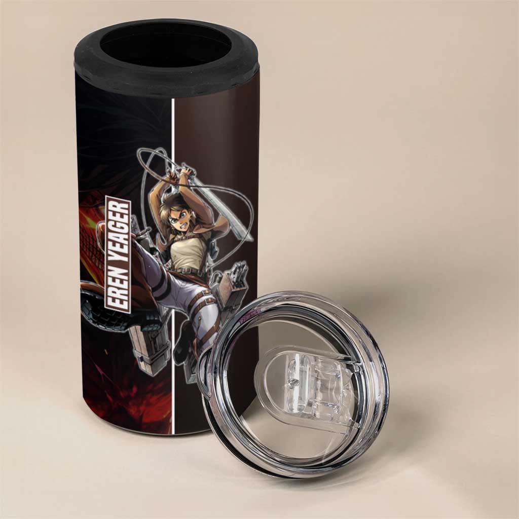 Eren Yeager from Attack on Titan 4 in 1 Can Cooler Tumbler with Action Poses and Fiery Background Design - The Mazicc