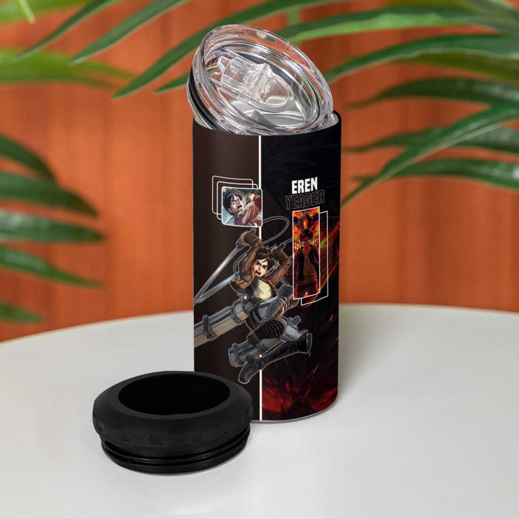 Eren Yeager from Attack on Titan 4 in 1 Can Cooler Tumbler with Action Poses and Fiery Background Design - The Mazicc