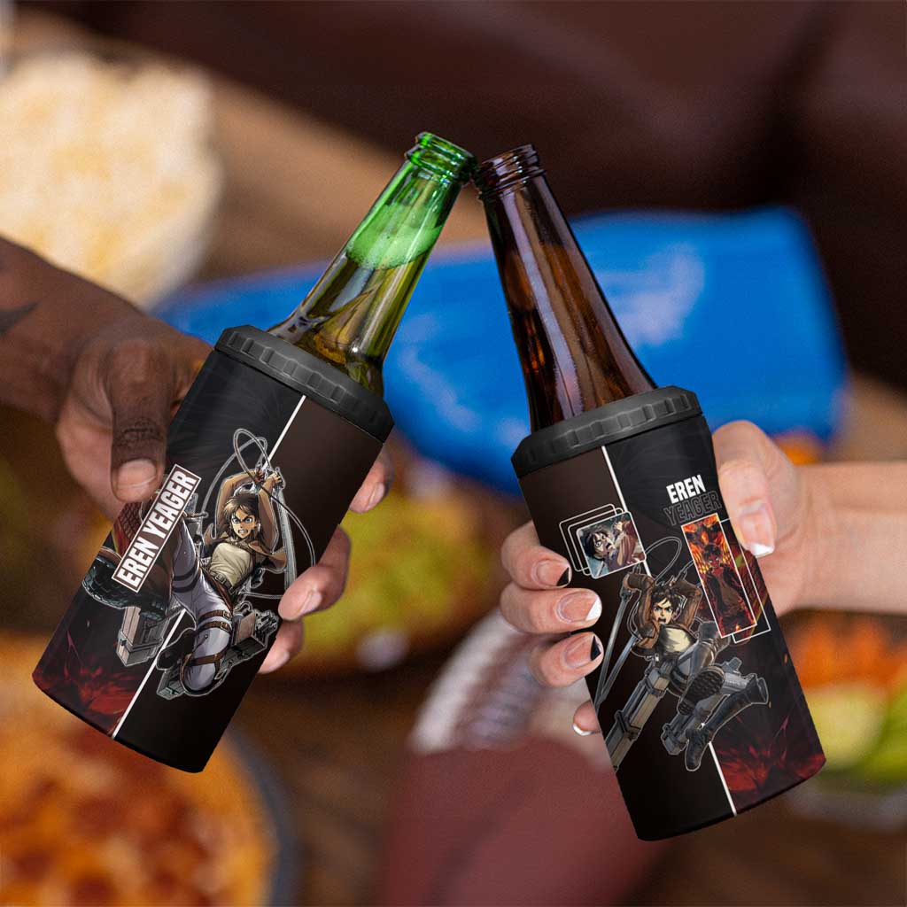 Eren Yeager from Attack on Titan 4 in 1 Can Cooler Tumbler with Action Poses and Fiery Background Design - The Mazicc