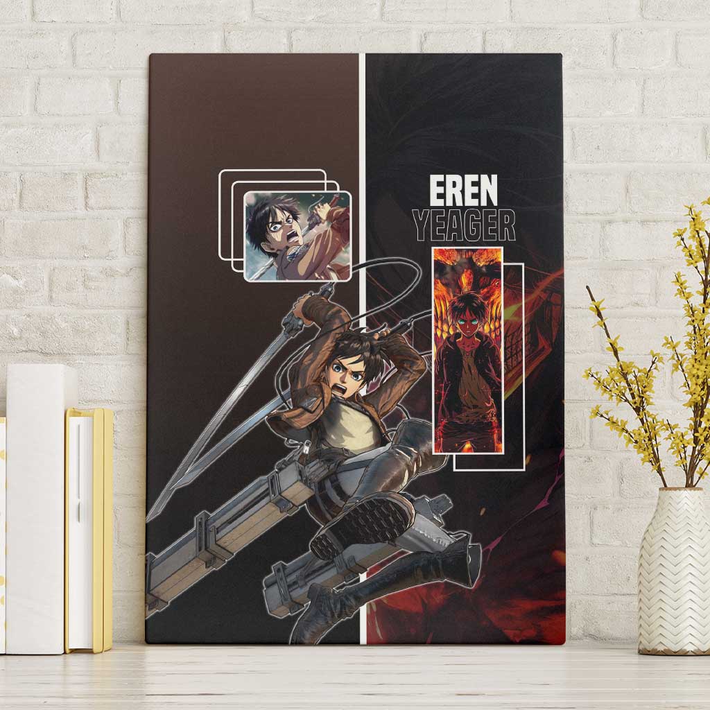 Eren Yeager from Attack on Titan Canvas Wall Art with Action Poses and Fiery Background Design - The Mazicc
