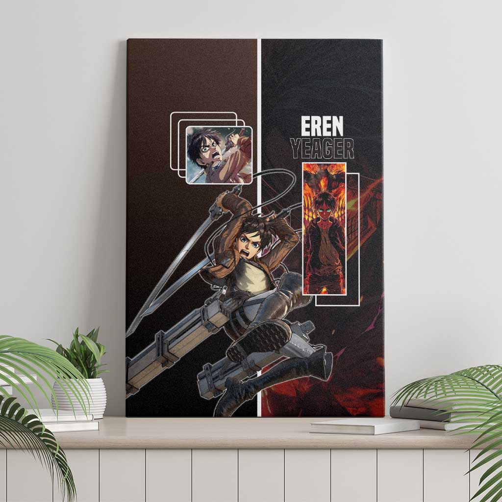 Eren Yeager from Attack on Titan Canvas Wall Art with Action Poses and Fiery Background Design - The Mazicc