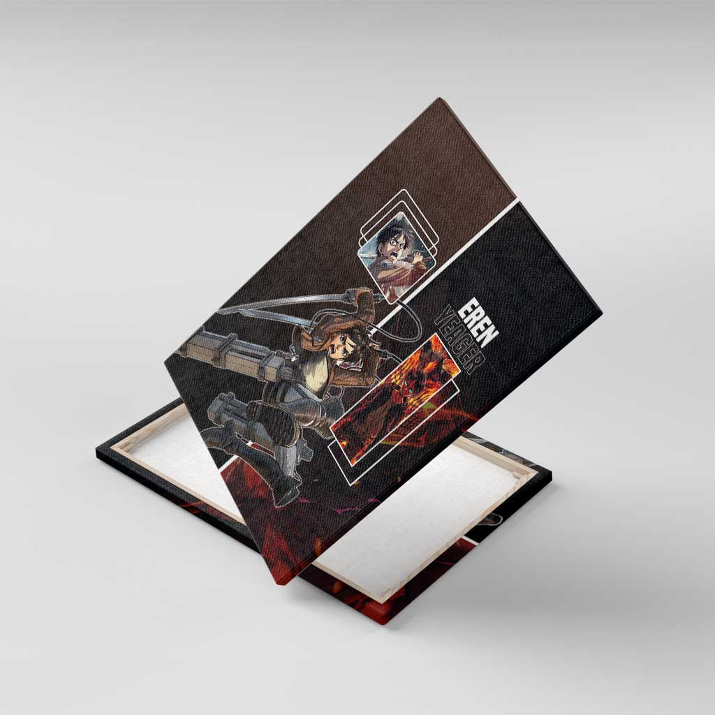 Eren Yeager from Attack on Titan Canvas Wall Art with Action Poses and Fiery Background Design - The Mazicc
