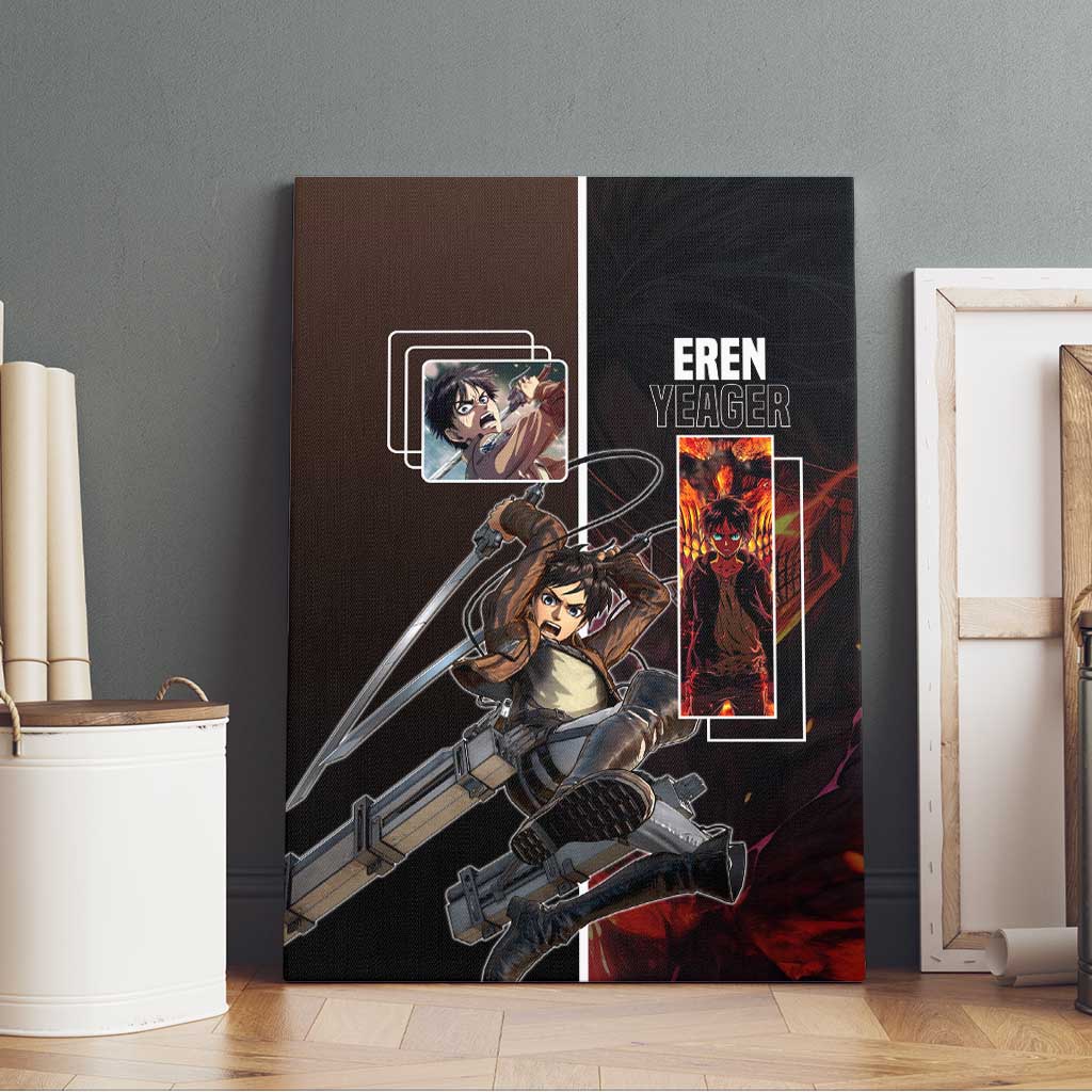 Eren Yeager from Attack on Titan Canvas Wall Art with Action Poses and Fiery Background Design - The Mazicc