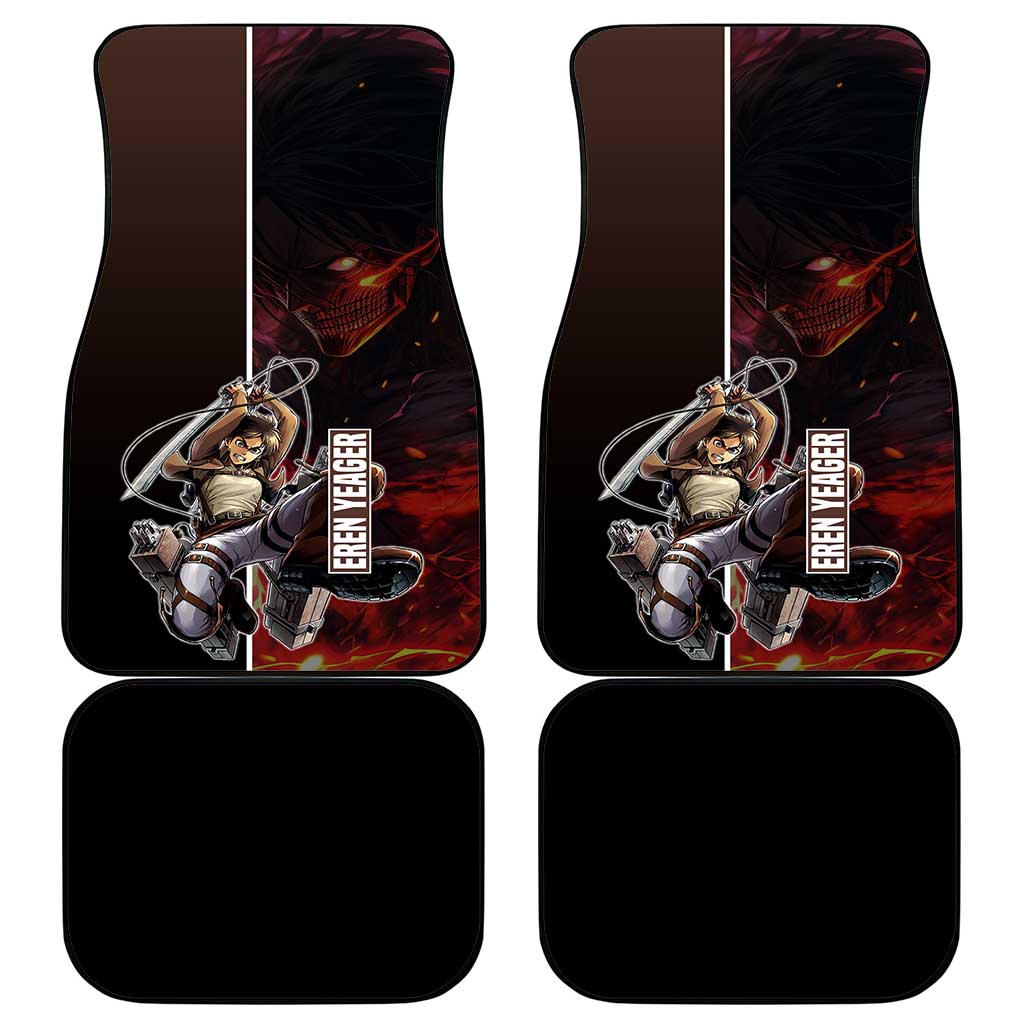 Eren Yeager from Attack on Titan Car Mats with Action Poses and Fiery Background Design - The Mazicc
