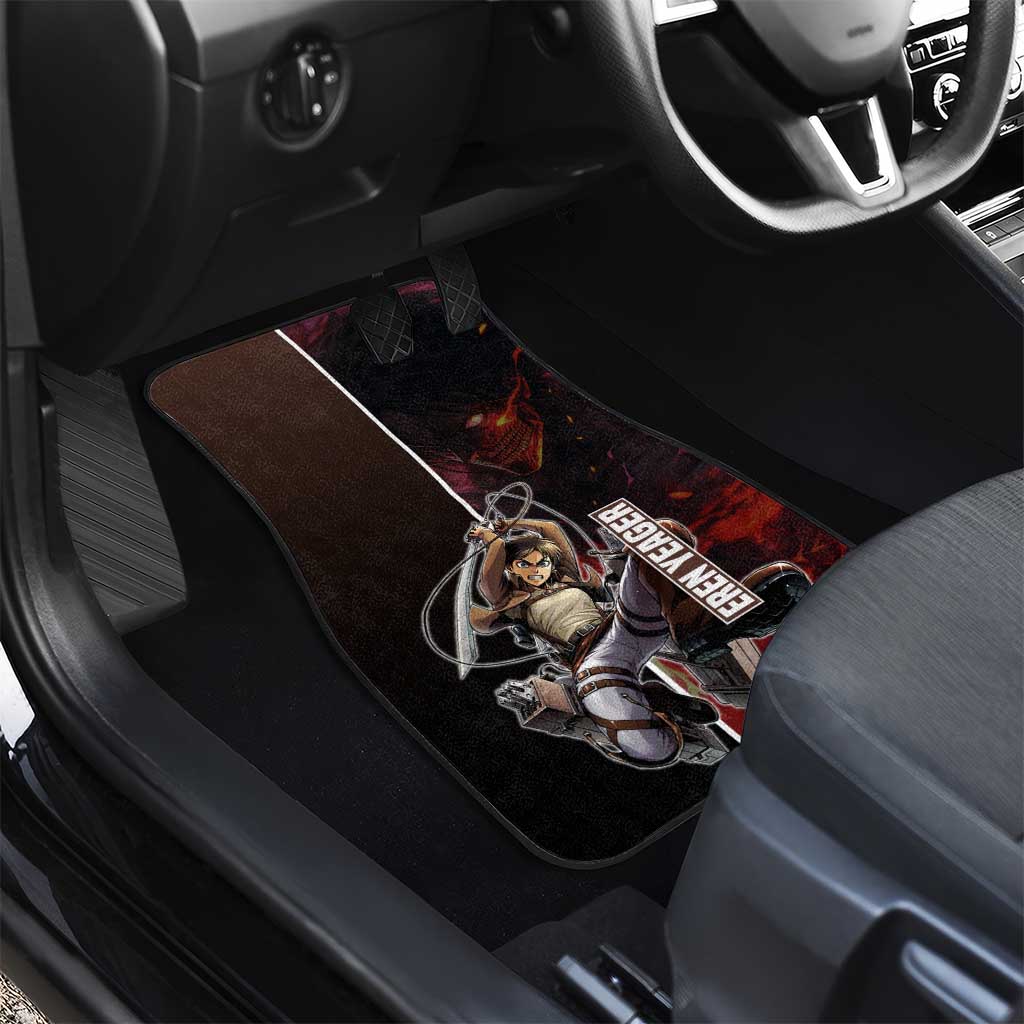 Eren Yeager from Attack on Titan Car Mats with Action Poses and Fiery Background Design - The Mazicc