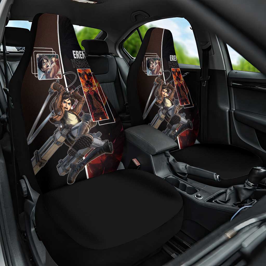 Eren Yeager from Attack on Titan Car Seat Cover with Action Poses and Fiery Background Design - The Mazicc