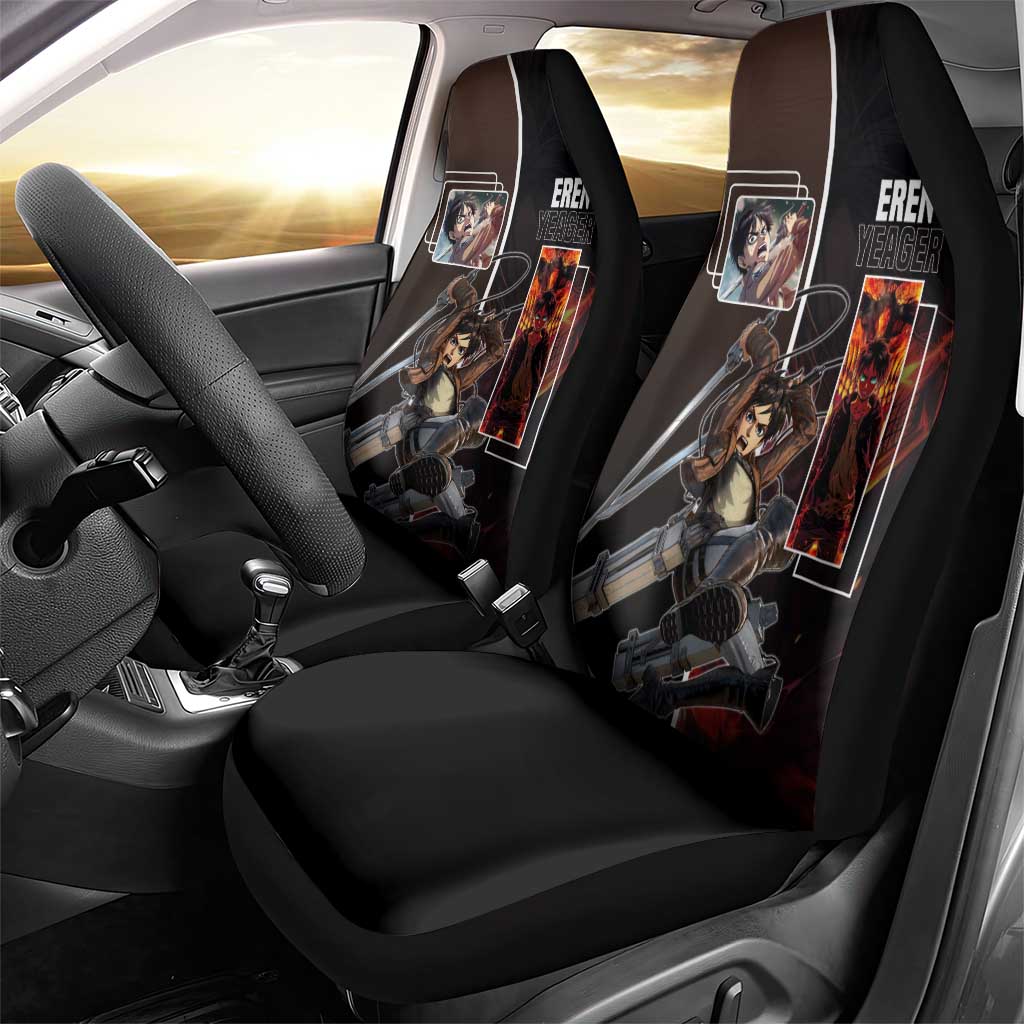 Eren Yeager from Attack on Titan Car Seat Cover with Action Poses and Fiery Background Design - The Mazicc