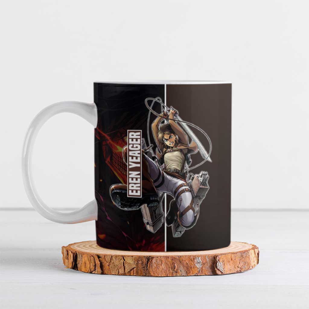 Eren Yeager from Attack on Titan Ceramic Mug with Action Poses and Fiery Background Design - The Mazicc
