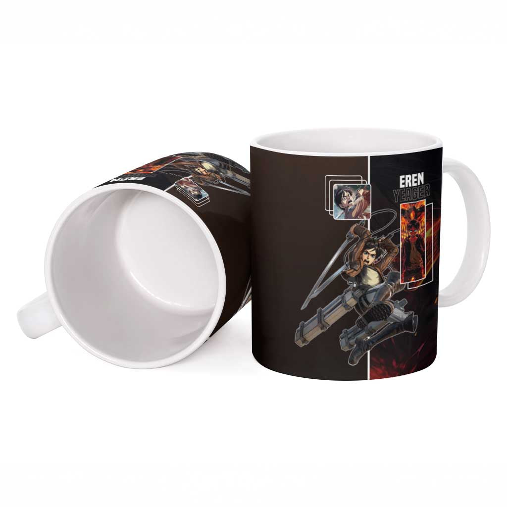 Eren Yeager from Attack on Titan Ceramic Mug with Action Poses and Fiery Background Design - The Mazicc