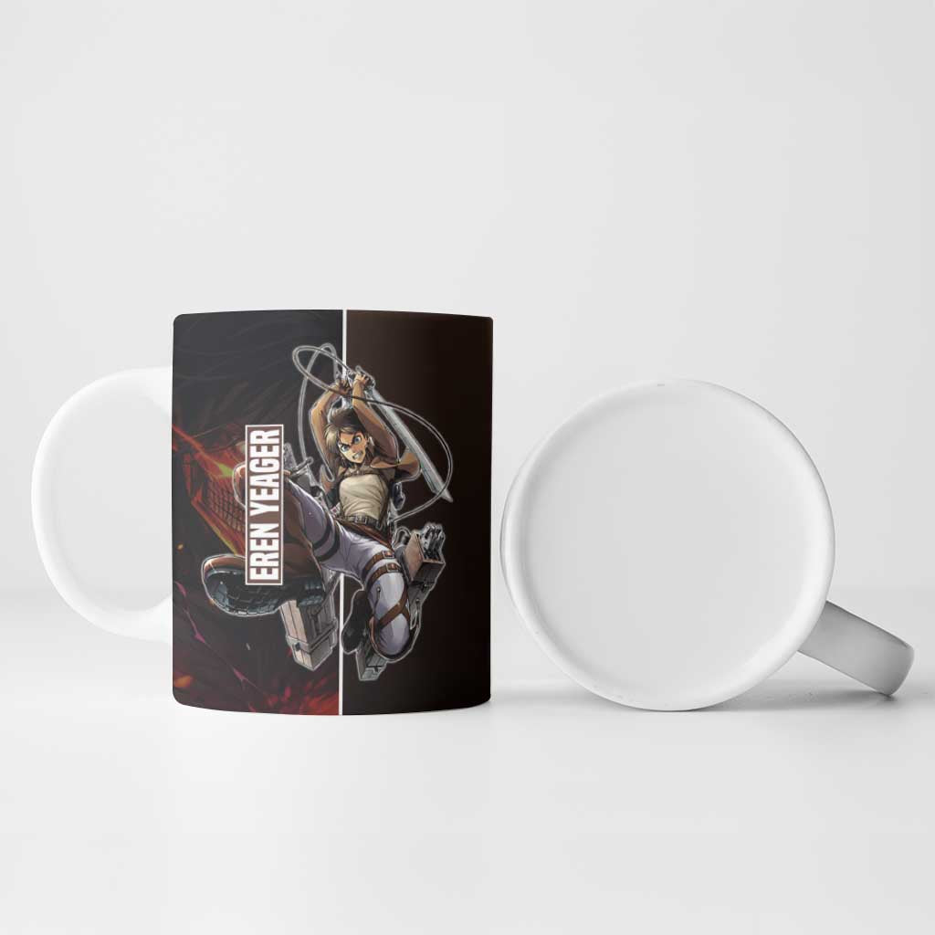 Eren Yeager from Attack on Titan Ceramic Mug with Action Poses and Fiery Background Design - The Mazicc