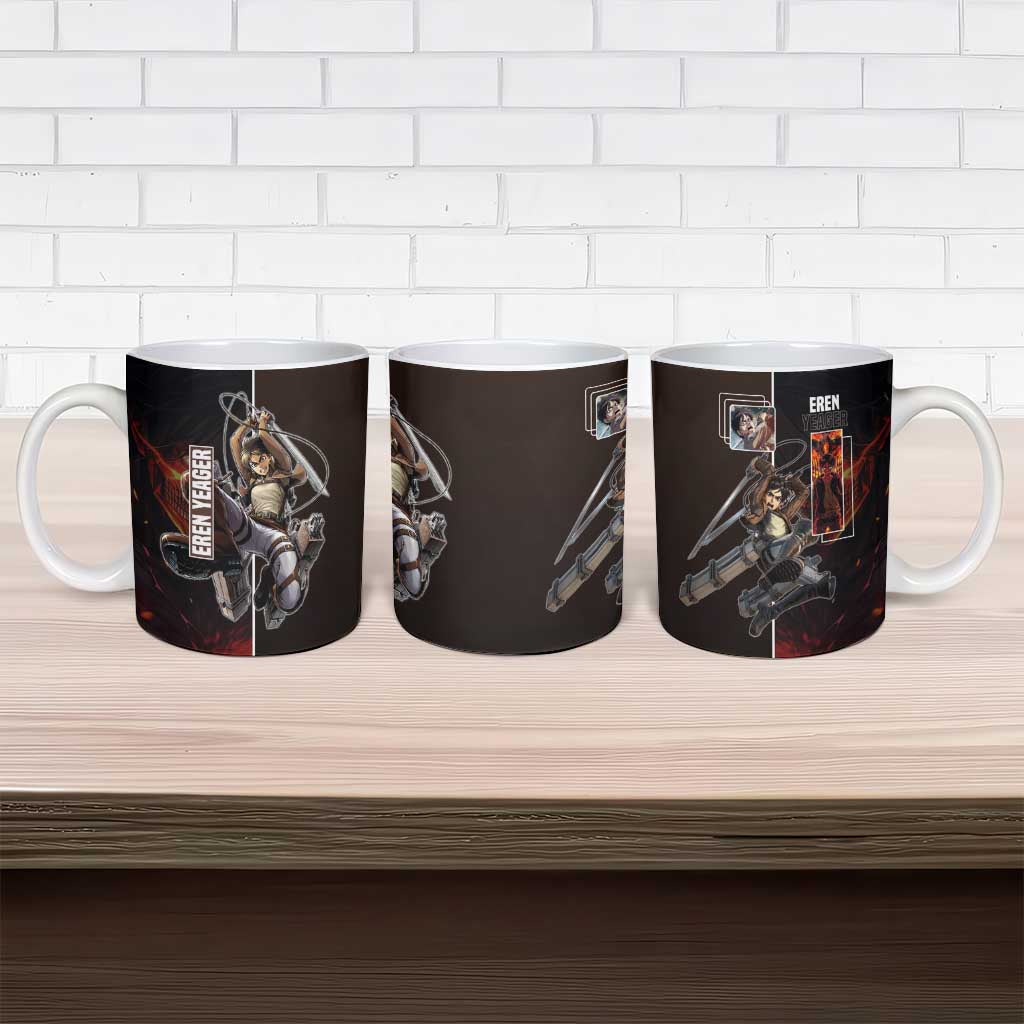 Eren Yeager from Attack on Titan Ceramic Mug with Action Poses and Fiery Background Design - The Mazicc