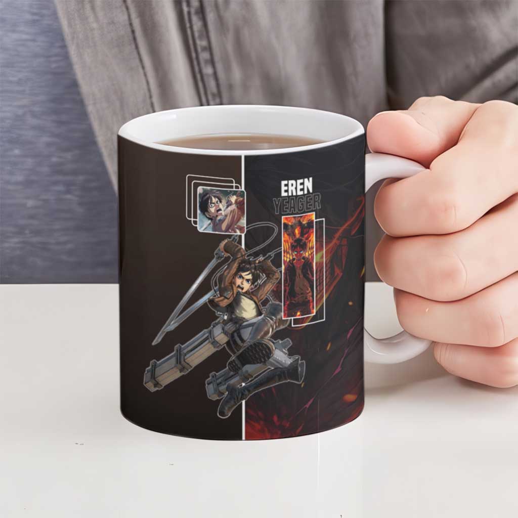 Eren Yeager from Attack on Titan Ceramic Mug with Action Poses and Fiery Background Design - The Mazicc