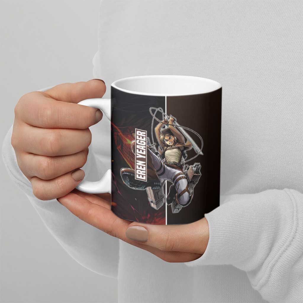 Eren Yeager from Attack on Titan Ceramic Mug with Action Poses and Fiery Background Design - The Mazicc
