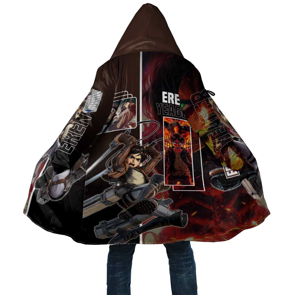 Eren Yeager from Attack on Titan Cloak with Action Poses and Fiery Background Design - The Mazicc