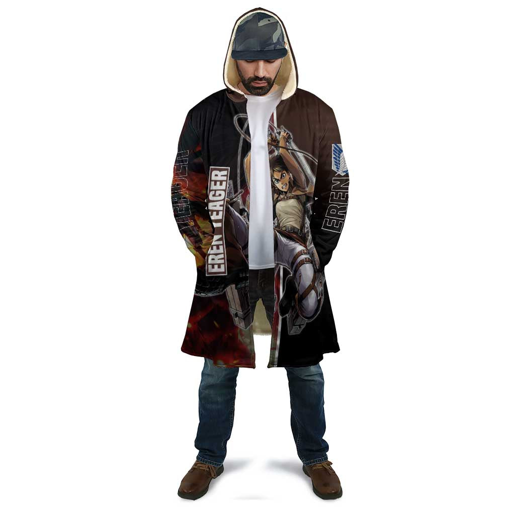 Eren Yeager from Attack on Titan Cloak with Action Poses and Fiery Background Design - The Mazicc