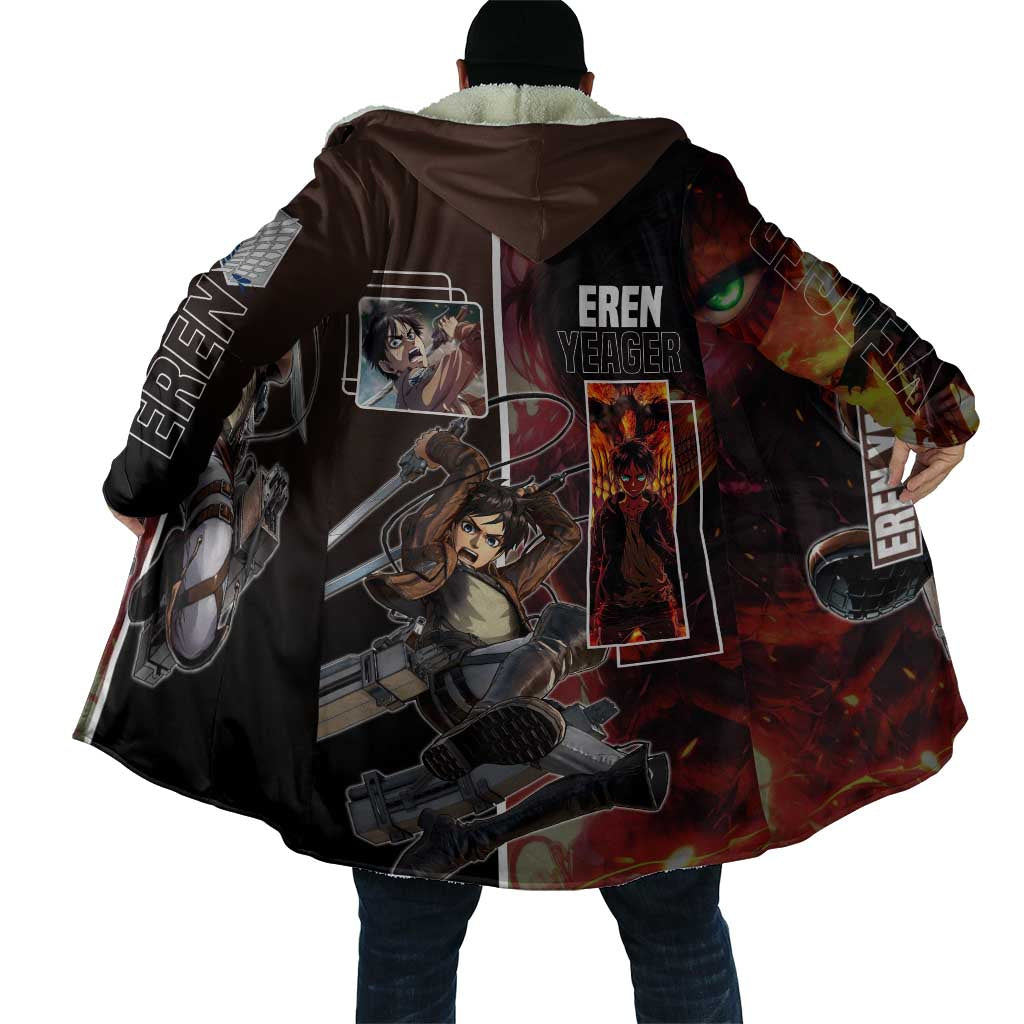 Eren Yeager from Attack on Titan Cloak with Action Poses and Fiery Background Design - The Mazicc