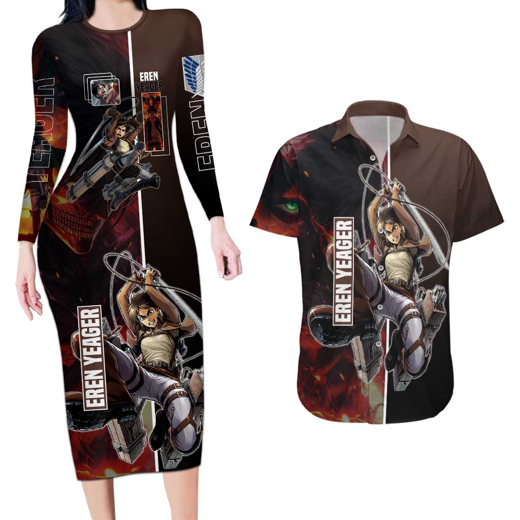 Eren Yeager from Attack on Titan Couples Matching Long Sleeve Bodycon Dress and Hawaiian Shirt with Action Poses and Fiery Background Design - The Mazicc