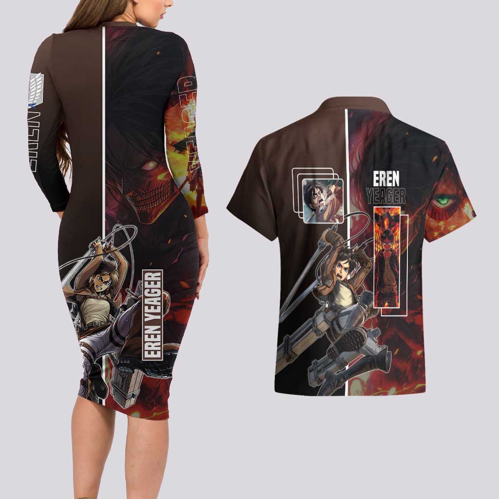 Eren Yeager from Attack on Titan Couples Matching Long Sleeve Bodycon Dress and Hawaiian Shirt with Action Poses and Fiery Background Design - The Mazicc