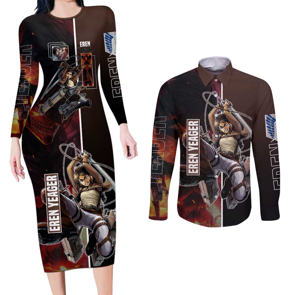Eren Yeager from Attack on Titan Couples Matching Long Sleeve Bodycon Dress and Long Sleeve Button Shirt with Action Poses and Fiery Background Design - The Mazicc