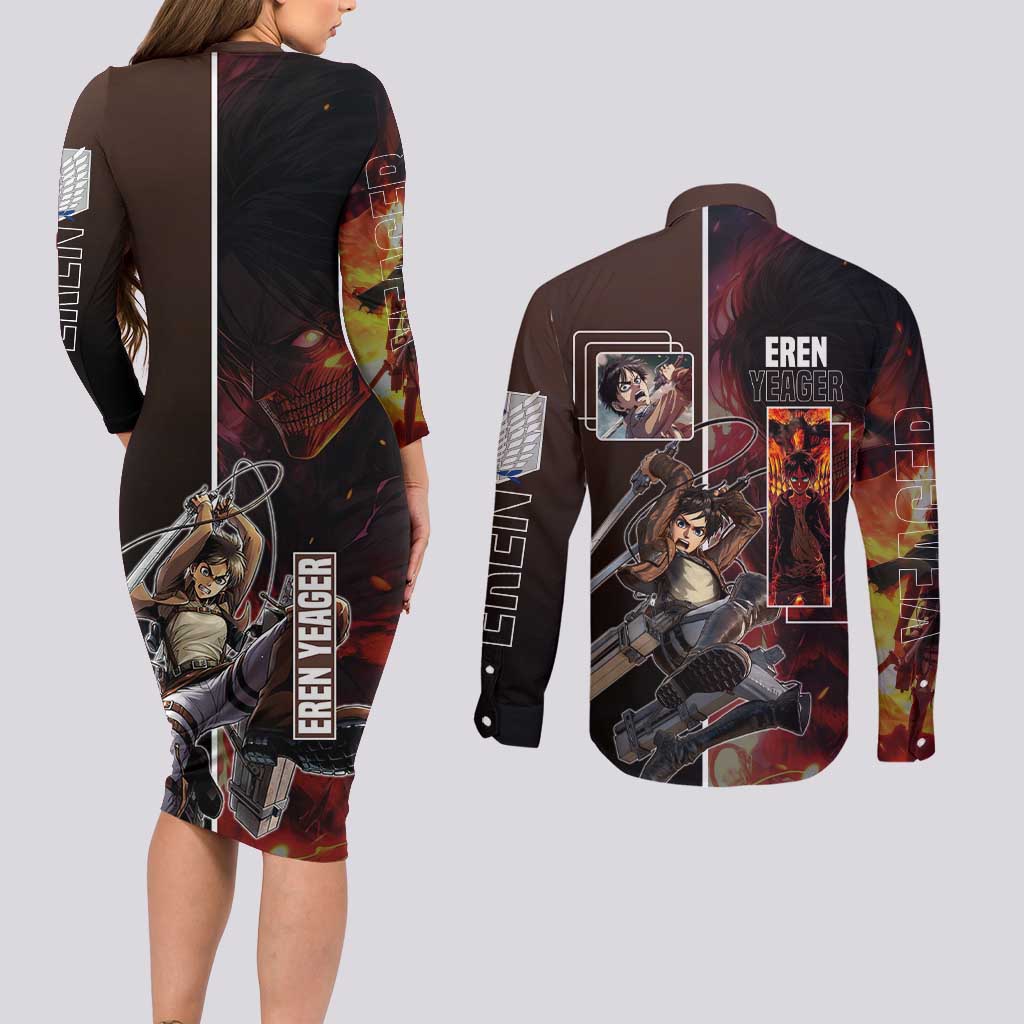 Eren Yeager from Attack on Titan Couples Matching Long Sleeve Bodycon Dress and Long Sleeve Button Shirt with Action Poses and Fiery Background Design - The Mazicc