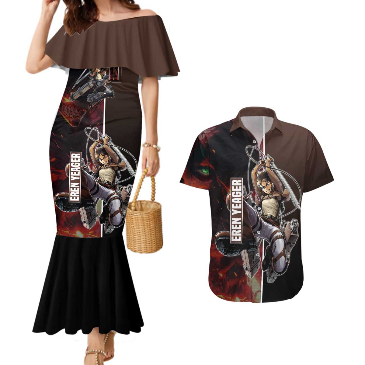 Eren Yeager from Attack on Titan Couples Matching Mermaid Dress and Hawaiian Shirt with Action Poses and Fiery Background Design - The Mazicc