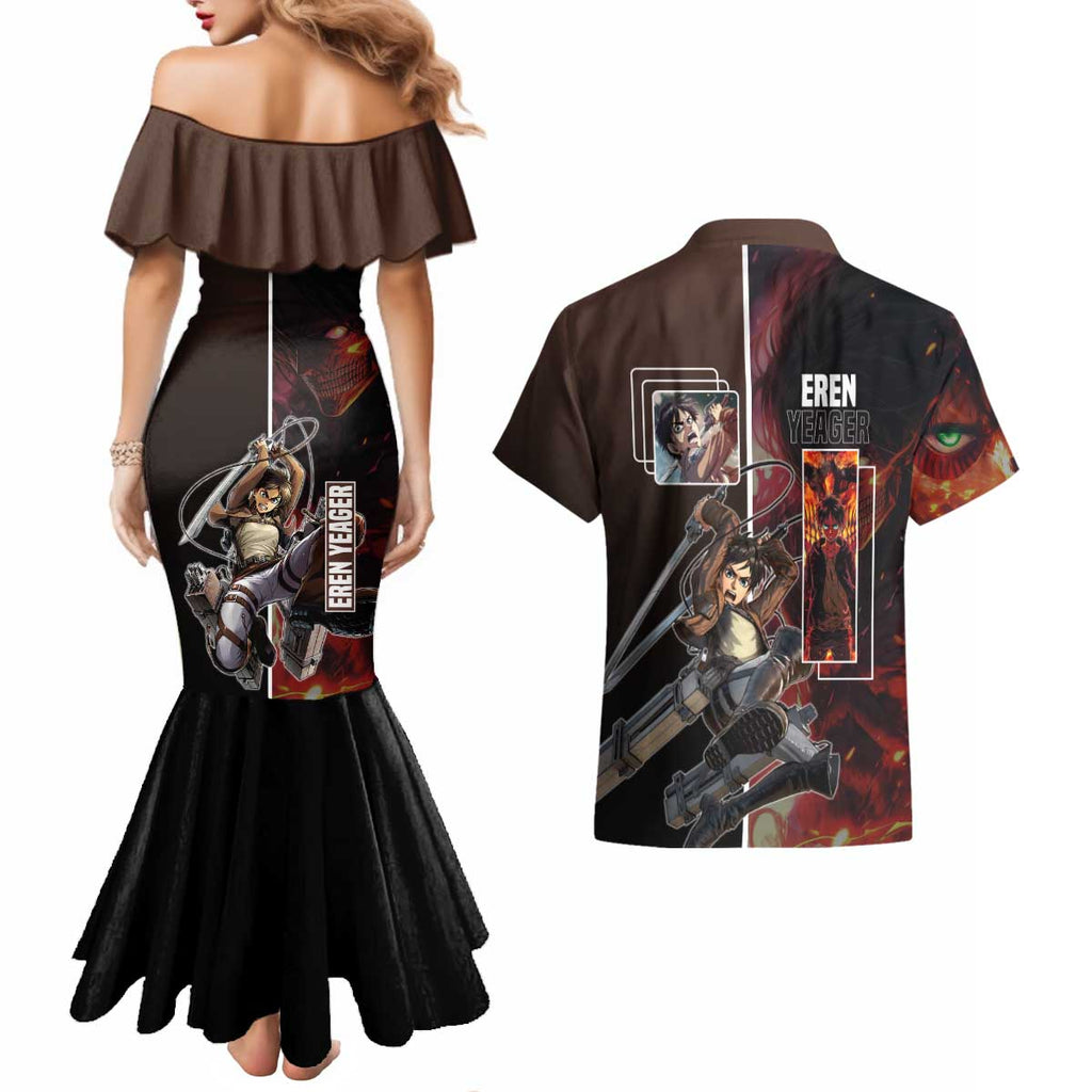 Eren Yeager from Attack on Titan Couples Matching Mermaid Dress and Hawaiian Shirt with Action Poses and Fiery Background Design - The Mazicc