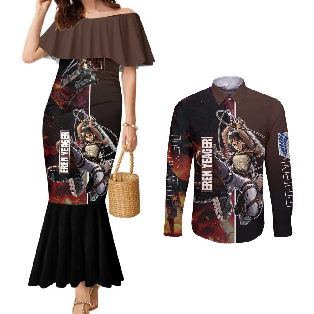 Eren Yeager from Attack on Titan Couples Matching Mermaid Dress and Long Sleeve Button Shirt with Action Poses and Fiery Background Design - The Mazicc