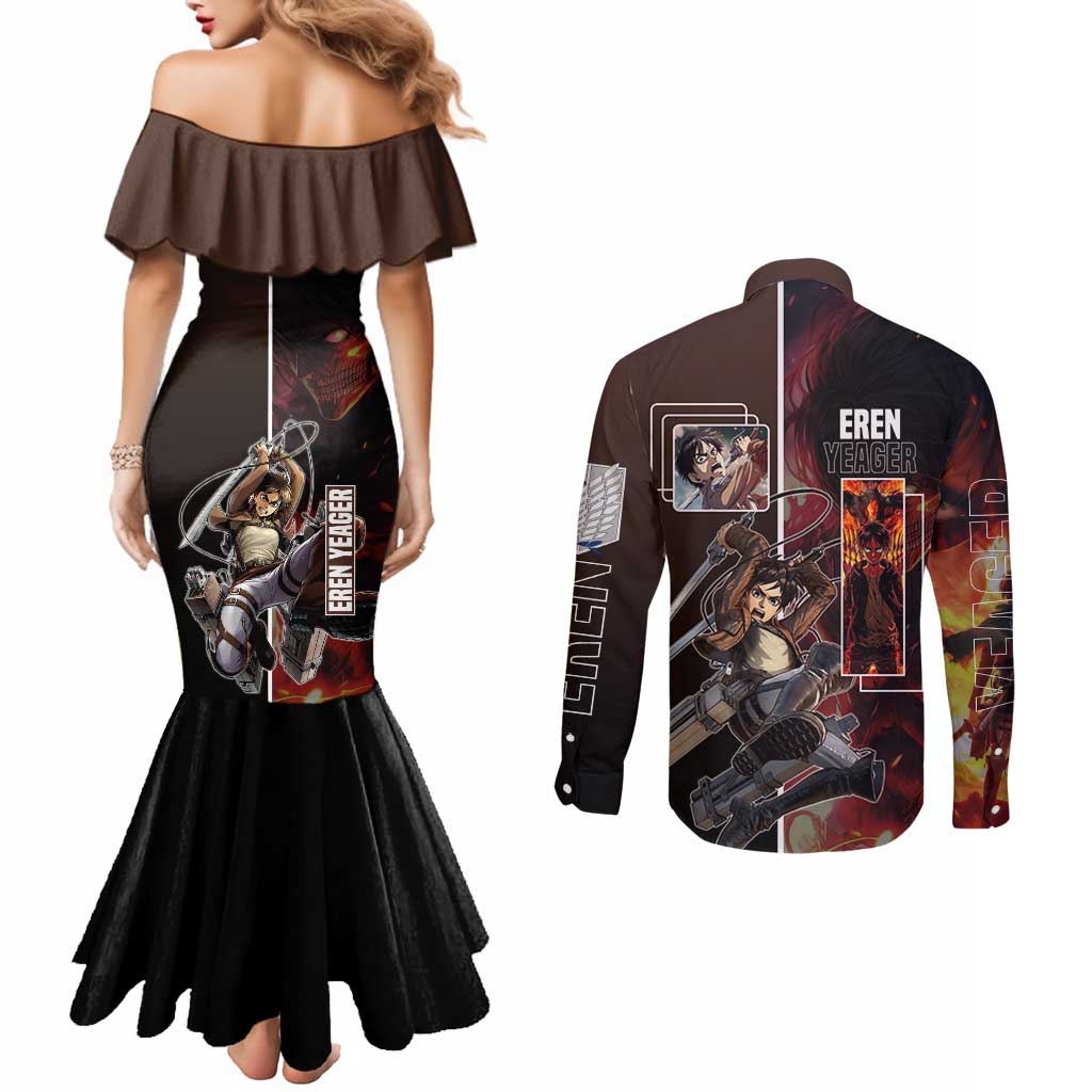 Eren Yeager from Attack on Titan Couples Matching Mermaid Dress and Long Sleeve Button Shirt with Action Poses and Fiery Background Design - The Mazicc