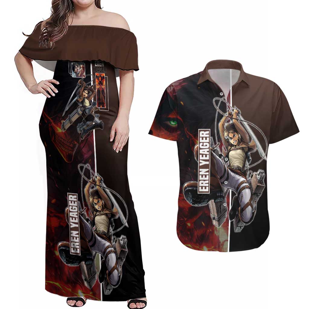 Eren Yeager from Attack on Titan Couples Matching Off Shoulder Maxi Dress and Hawaiian Shirt with Action Poses and Fiery Background Design - The Mazicc