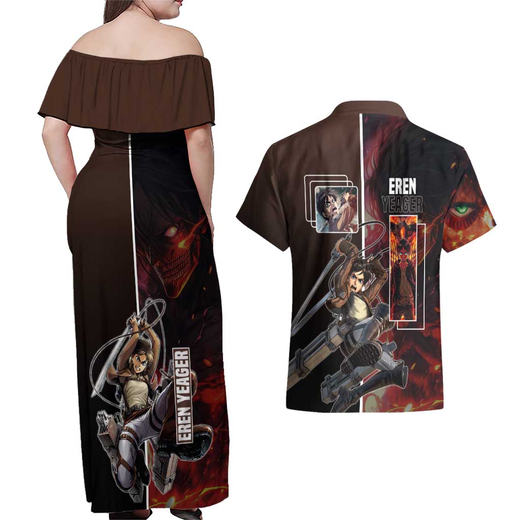 Eren Yeager from Attack on Titan Couples Matching Off Shoulder Maxi Dress and Hawaiian Shirt with Action Poses and Fiery Background Design - The Mazicc