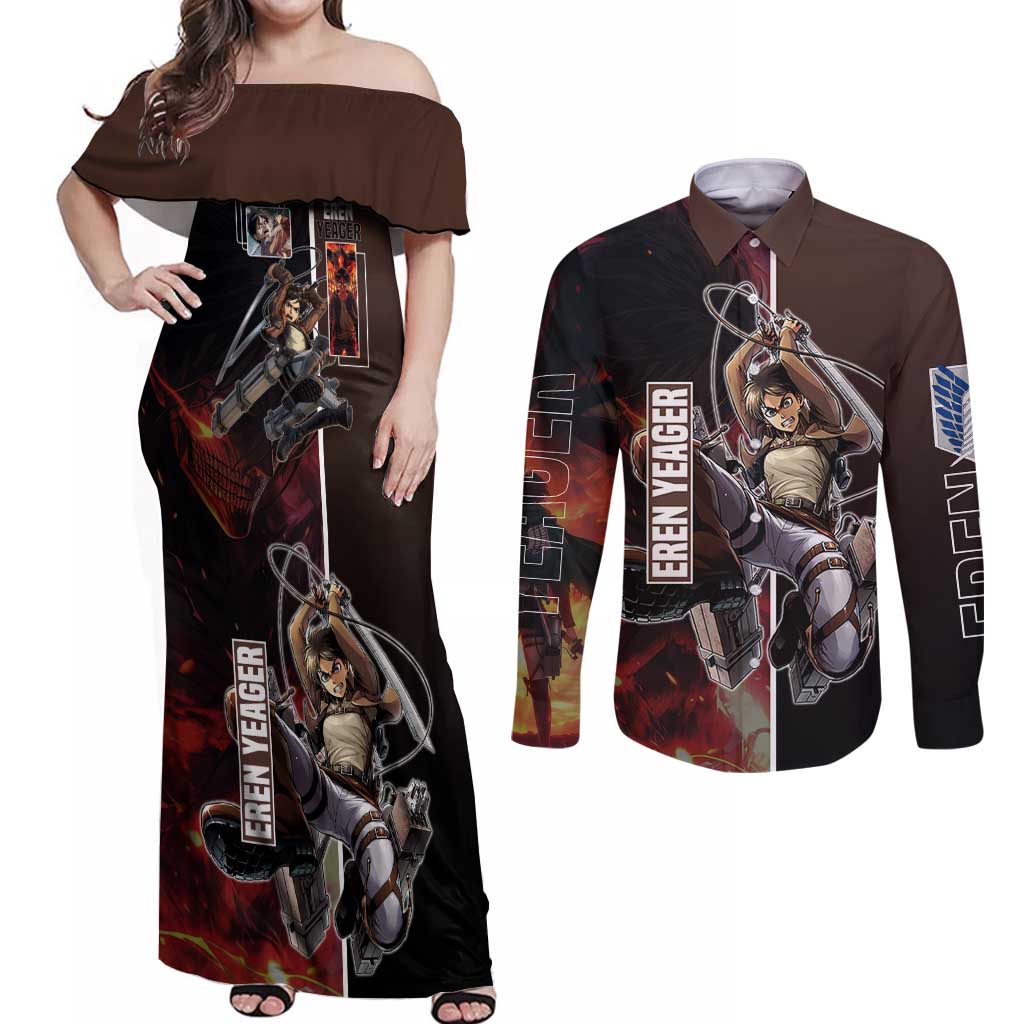 Eren Yeager from Attack on Titan Couples Matching Off Shoulder Maxi Dress and Long Sleeve Button Shirt with Action Poses and Fiery Background Design - The Mazicc