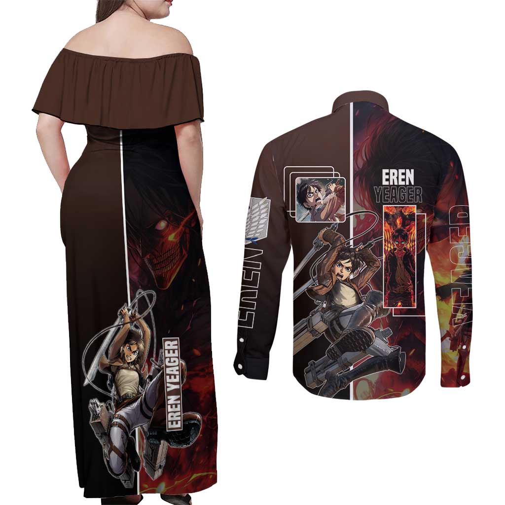 Eren Yeager from Attack on Titan Couples Matching Off Shoulder Maxi Dress and Long Sleeve Button Shirt with Action Poses and Fiery Background Design - The Mazicc