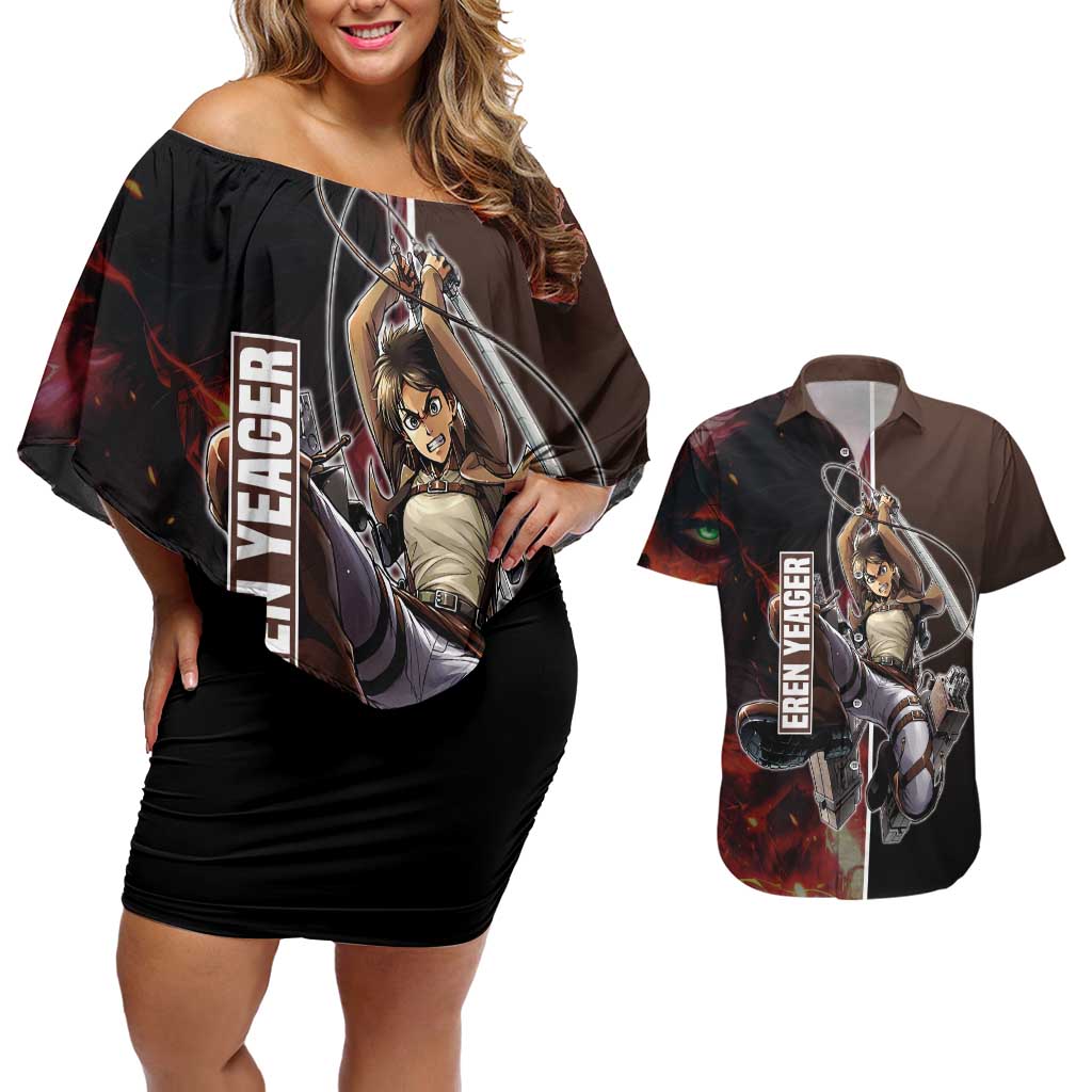 Eren Yeager from Attack on Titan Couples Matching Off Shoulder Short Dress and Hawaiian Shirt with Action Poses and Fiery Background Design - The Mazicc