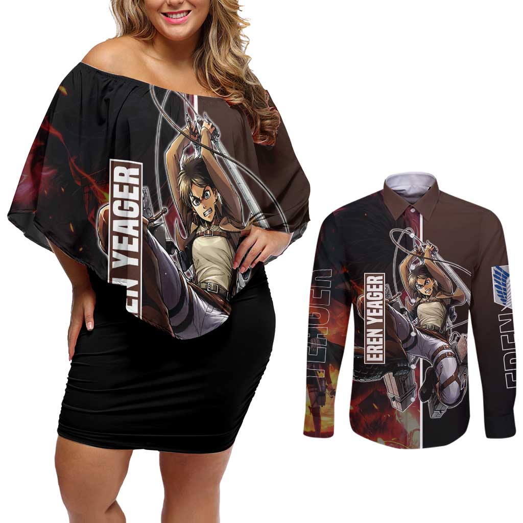 Eren Yeager from Attack on Titan Couples Matching Off Shoulder Short Dress and Long Sleeve Button Shirt with Action Poses and Fiery Background Design - The Mazicc