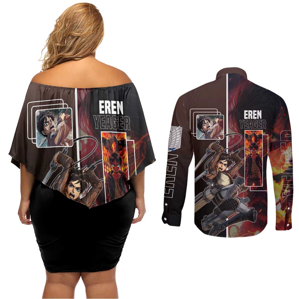 Eren Yeager from Attack on Titan Couples Matching Off Shoulder Short Dress and Long Sleeve Button Shirt with Action Poses and Fiery Background Design - The Mazicc