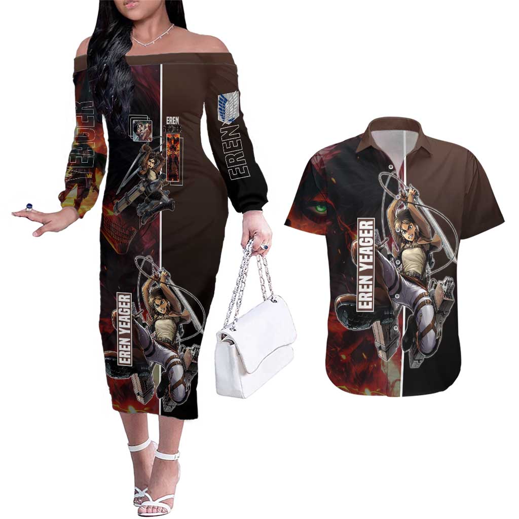 Eren Yeager from Attack on Titan Couples Matching Off The Shoulder Long Sleeve Dress and Hawaiian Shirt with Action Poses and Fiery Background Design - The Mazicc