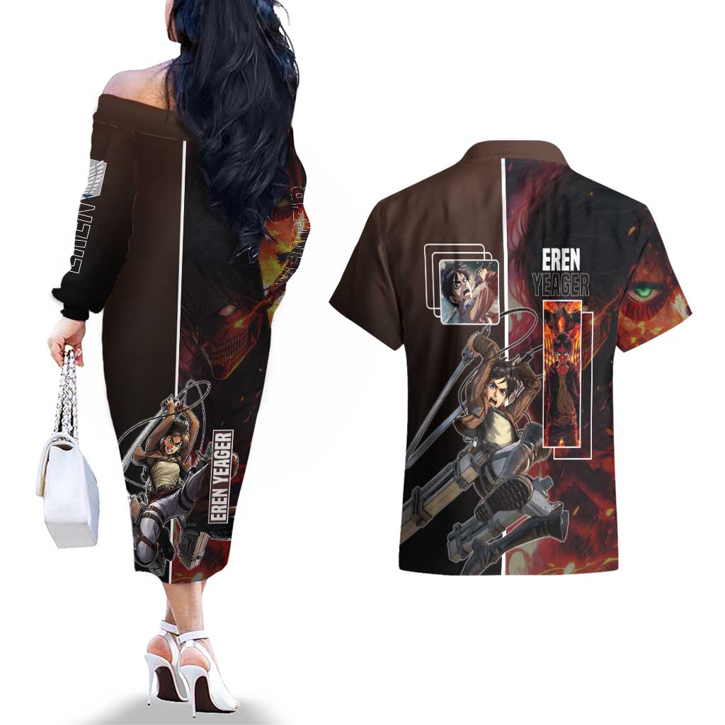 Eren Yeager from Attack on Titan Couples Matching Off The Shoulder Long Sleeve Dress and Hawaiian Shirt with Action Poses and Fiery Background Design - The Mazicc