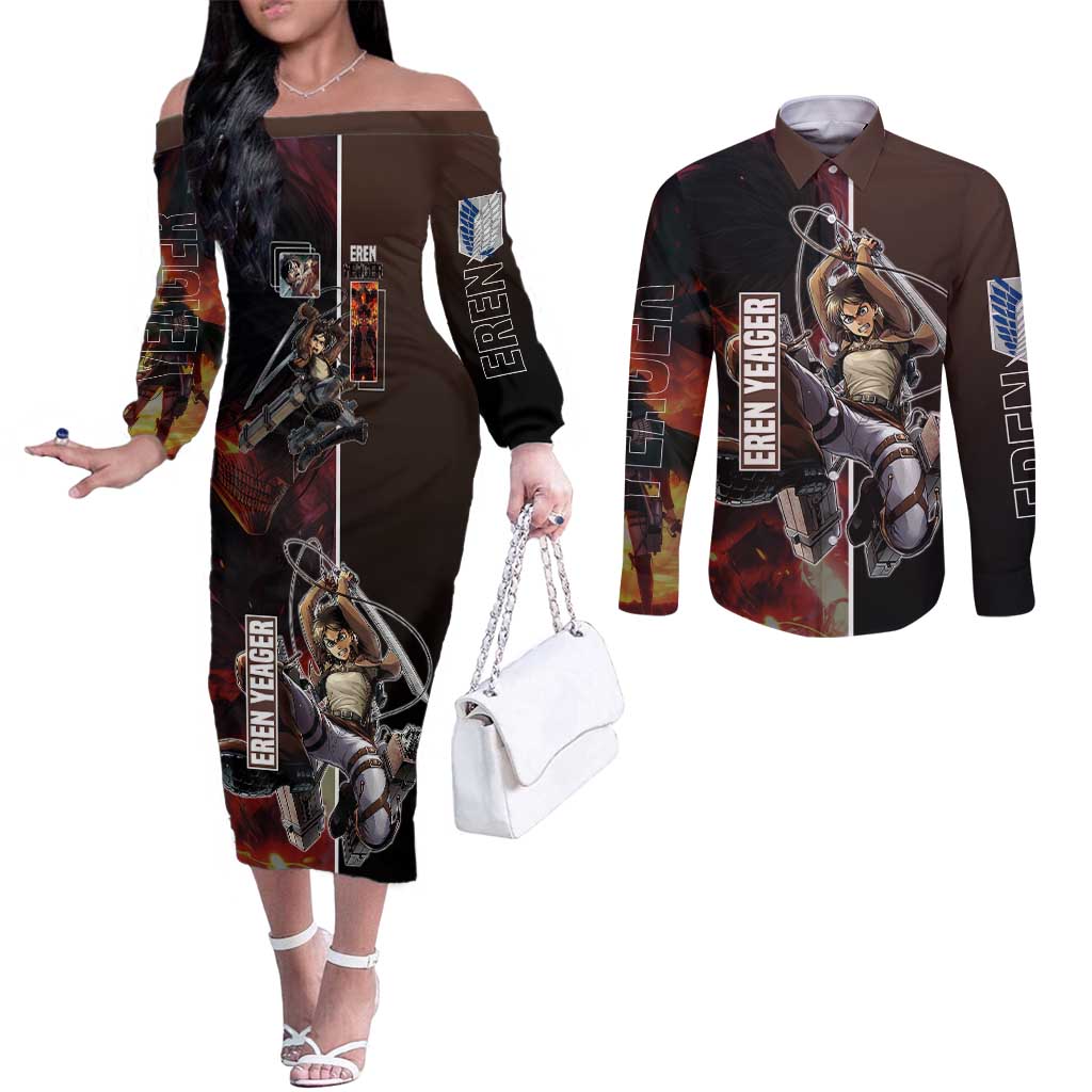 Eren Yeager from Attack on Titan Couples Matching Off The Shoulder Long Sleeve Dress and Long Sleeve Button Shirt with Action Poses and Fiery Background Design - The Mazicc