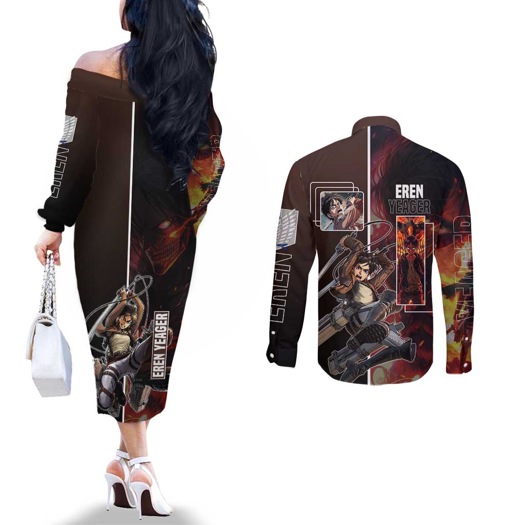Eren Yeager from Attack on Titan Couples Matching Off The Shoulder Long Sleeve Dress and Long Sleeve Button Shirt with Action Poses and Fiery Background Design - The Mazicc